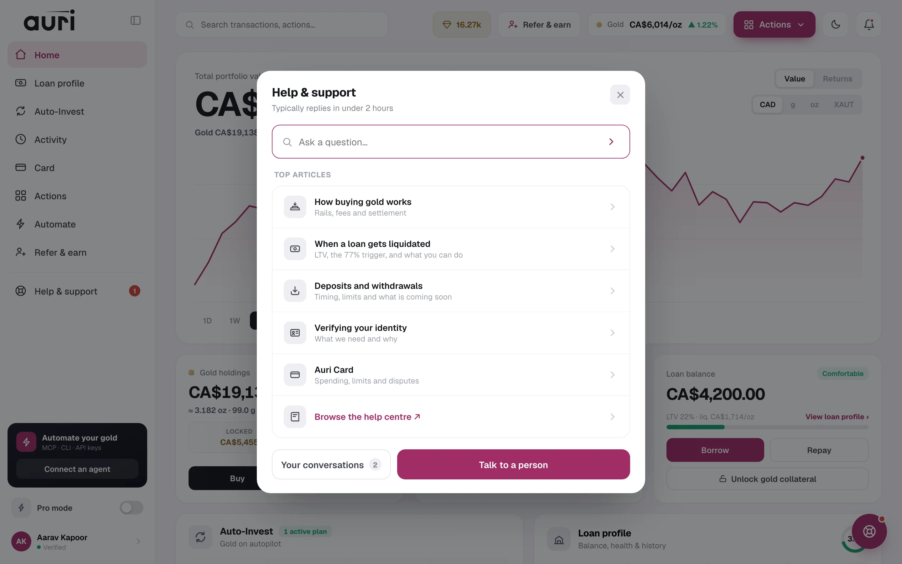 Auri web app: the help centre with an assistant and a person to talk to