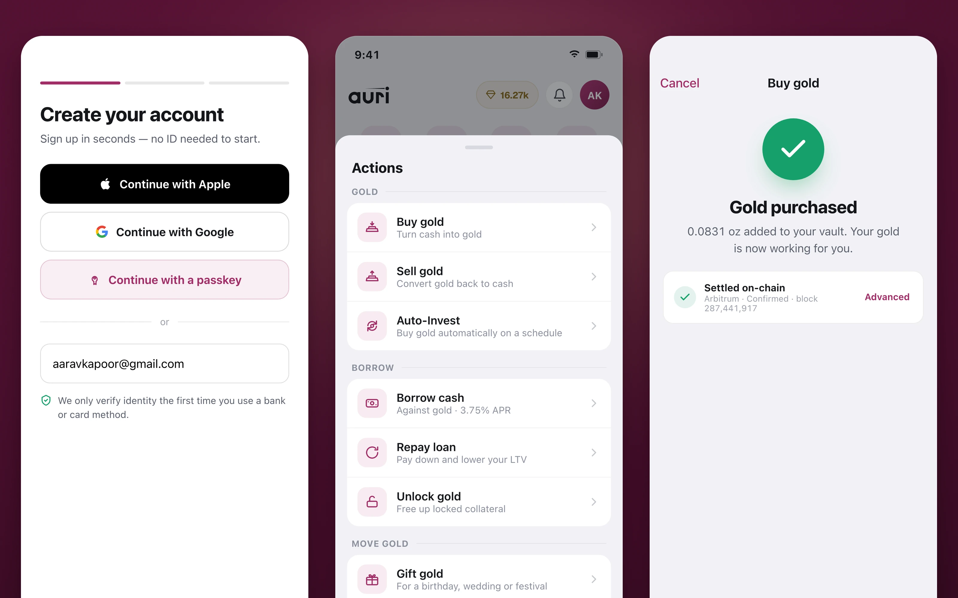 Auri on the phone: sign up with Apple, Google or a passkey, the actions menu, a gold purchase settled on-chain