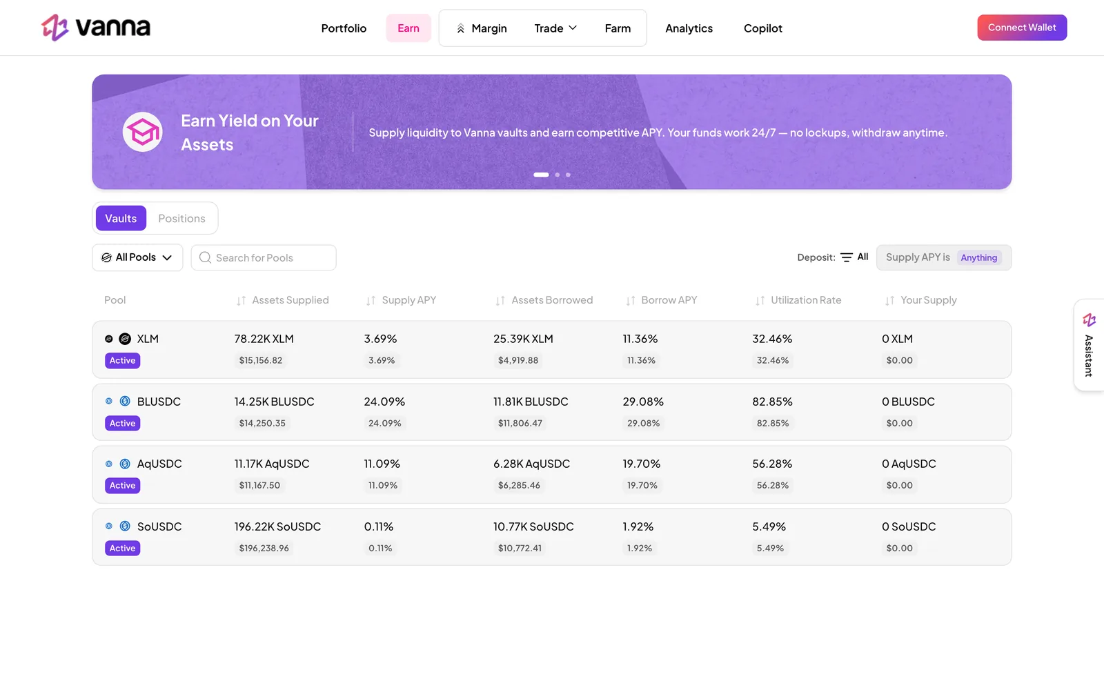 Vanna app on Stellar: earn on lending pools